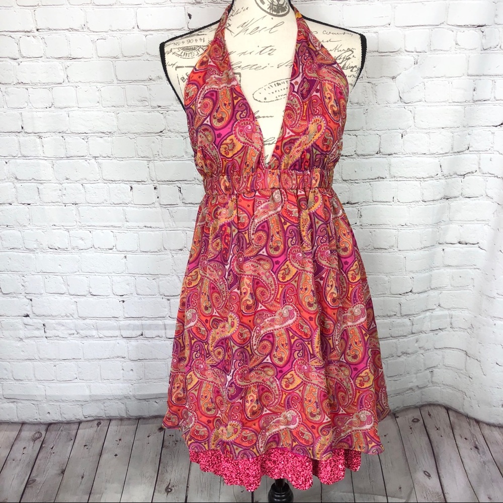 Alice+Olivia Silk Pink Paisley Sequin Halter Dress